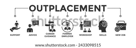 Outplacement banner web icon vector illustration concept with icon of support, advice, career guidance, former employer, workshop, skills, new job, training, and presentation	