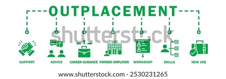 Outplacement banner web icon vector illustration concept with icon of support, advice, career guidance, former employer, workshop, skills, new job, training, and presentation