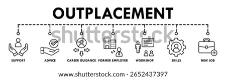 Outplacement banner web icon vector illustration concept with icon of support, advice, career guidance, former employer, workshop, skills, new job, training, and presentation