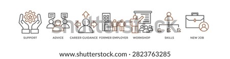 Outplacement banner web icon vector illustration concept with icon of support, advice, career guidance, former employer, workshop, skills, new job, training, and presentation