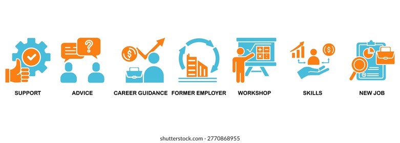 Outplacement icon set Aqua Orange Flat Design, Vector Illustration concept relate to icon of support, advice, career guidance, former employer, workshop, skills, new job, training, and presentation