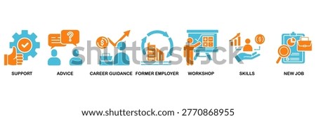 Outplacement icon set Aqua Orange Flat Design, Vector Illustration concept relate to icon of support, advice, career guidance, former employer, workshop, skills, new job, training, and presentation