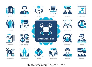 Outplacement icon set. Career Guidance, Consulting, Advice, Recruitment, Workshop, Support, Agreement, Skills. Duotone color solid icons