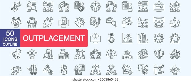 Outplacement icon set collection. Consist of career guidance, hire, workshop, support, agreement, skills, advice, requirement, training, new job. Simple vector outline illustration.