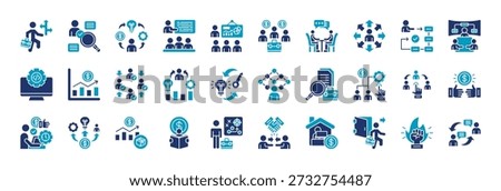 outplacement icon set collection in glyph duotone style. icon set consist of career guidance, hire, training, presentation, employee, interview, orientation, planning