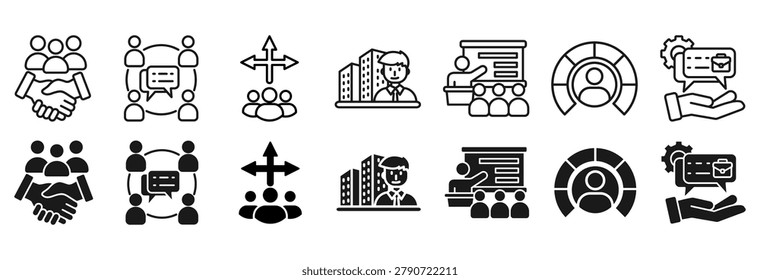 Outplacement icon set. training, and presentation symbol