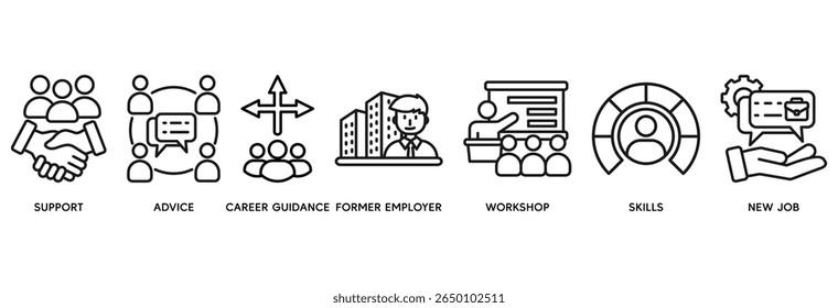 Ícone de substituição definir conceito de ilustração vetorial relacionar-se a apoio, aconselhamento, orientação de carreira, ex-empregador, workshop, habilidades, novo emprego, treinamento e apresentação
