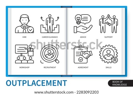 Outplacement infographics elements set. Career guidance, hire, advice, recruitment, workshop, support, agreement, skills. Web vector linear icons collection