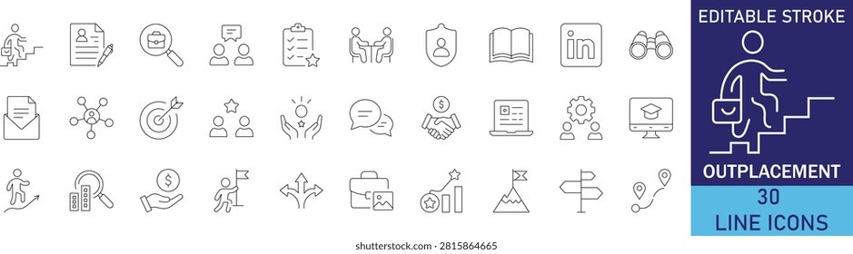 Outplacement services and career transition support line icon set. Vector symbols for job seeker guidance, layoff severance, resume consultation, employment opportunity, and professional retraining.