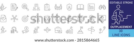 Outplacement services and career transition support line icon set. Vector symbols for job seeker guidance, layoff severance, resume consultation, employment opportunity, and professional retraining.
