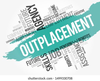 Outplacement is a support service provided by organizations to help former employees transition to new jobs, word cloud concept background