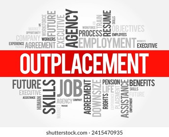 Outplacement is a support service provided by organizations to help former employees transition to new jobs, word cloud concept background