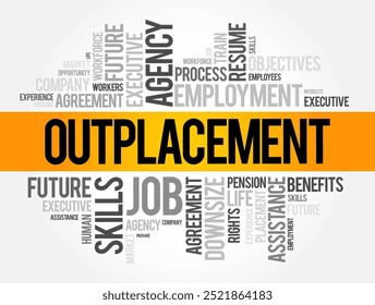 Outplacement is a support service provided by organizations to help former employees transition to new jobs, word cloud concept background