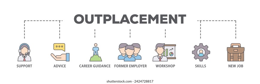 Outplacement web banner icon vector illustration concept consists of mer employer, workshop, skills, new job, training, and presentation icon live stroke and easy to edit