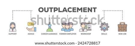 Outplacement web banner icon vector illustration concept consists of mer employer, workshop, skills, new job, training, and presentation icon live stroke and easy to edit