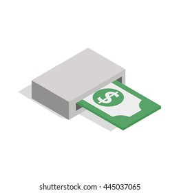 Output of banknotes from atm icon in isometric 3d style isolated on white background. Money symbol