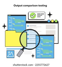 Output comparison testing technique. Software testing methodology. IT specialist searching for bugs in code. Website and application development. Flat vector illustration