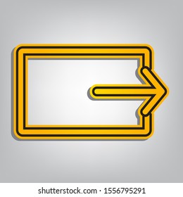 Output sign. Flat orange icon with overlapping linear black icon with gray shadow at whitish background. Illustration.