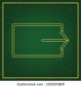 Output sign. Golden icon with gold contour at dark green gridded white background. Illustration.