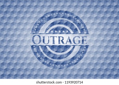 Outrage blue badge with geometric pattern background.