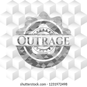 Outrage grey badge with geometric cube white background