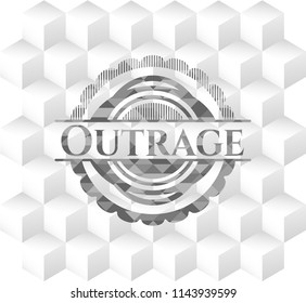 Outrage grey emblem. Retro with geometric cube white background