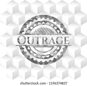 Outrage realistic grey emblem with geometric cube white background