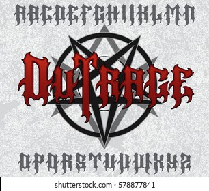 "Outrage" typeface. Stylish evil font set with pentagram and hexagram sign on grunge background. Biker sign, t-shirt print, alcohol label.