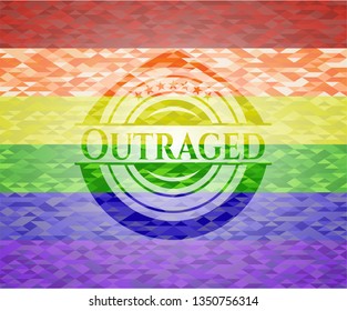 Outraged emblem on mosaic background with the colors of the LGBT flag