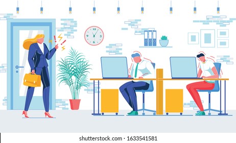 Outraged Lady Boss, Disappointed and Indignant Over Her Subordinates Behavior, Dressing Down Two Men Office Workers at Desk, Pretending Like They Are Busy Working with Something in Their PCs.