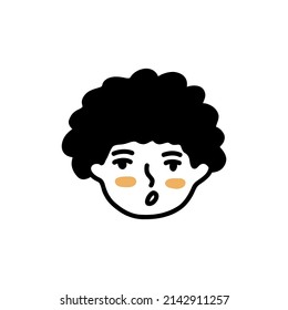 Outraged screaming face of girl. Doodle woman face. Curly hair. Black and white vector isolated illustration. Student or teenage hand drawn