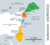 Outremer, the Crusader states at about 1135, gray history map. Latin Catholic realms, created after the First Crusade. Kingdom of Jerusalem, County of Edessa and Tripoli, and Principality of Antioch.