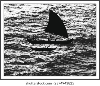 Outrigger canoe in the ocean water. Proa boat silhouette in the stormy sea.