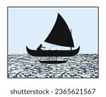 Outrigger canoe with a sail vector. Proa sailboat silhouette in the sea.