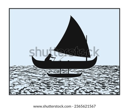 Outrigger canoe with a sail vector. Proa sailboat silhouette in the sea.