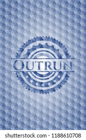 Outrun blue badge with geometric pattern background.