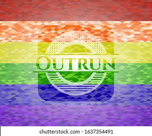 Outrun emblem on mosaic background with the colors of the LGBT flag
