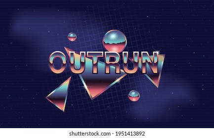 Outrun logo. Retro 80's background template. Retro chrome logo with laser grid. Retrowave background. 1980's trendy style. Template for banner, poster, invitation, Vector illustration