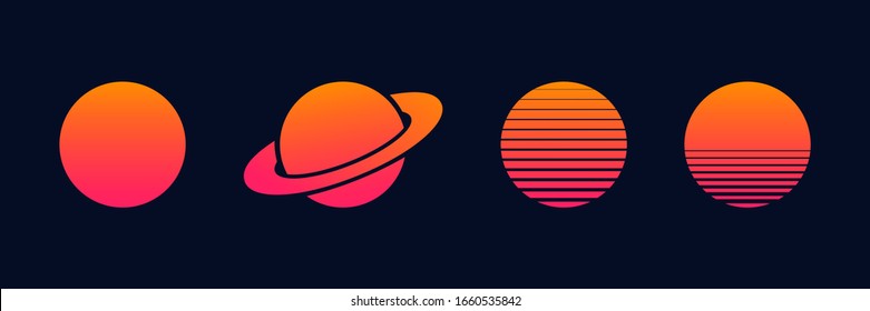 Outrun sun set vector planets isolated for decoration design. Futuristic design illustration. Summer vector illustration. Disco design. Vintage 1980s music illustration. EPS 10
