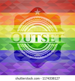Outset emblem on mosaic background with the colors of the LGBT flag