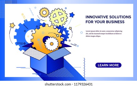 Outside the box landing page. Innovation, ideas and brainstorming for start-ups and business development. Flat vector cartoon illustration. Objects isolated on a white background.