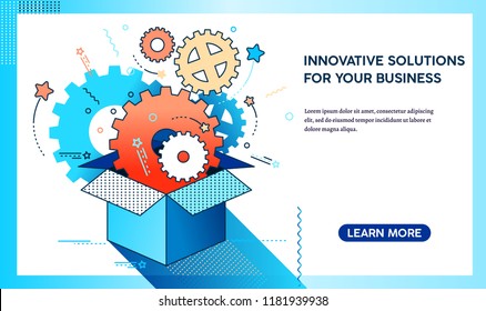 Outside the box landing page. Innovation, ideas and brainstorming for start-ups and business development. Flat vector cartoon illustration. Objects isolated on a white background.