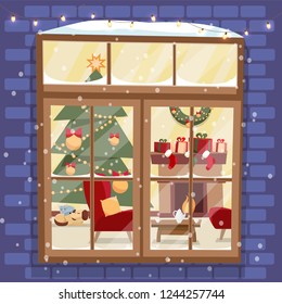 Outside brick wall with window - Christmas tree, furnuture, wreath, fireplace, stack of gifts and pets. Cozy festively decorated light room outside view. Flat cartoon vector