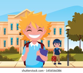 outside building boys student back to school
