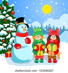 Outside Christmas tree in the snow. Red Christmas balls, gift boxes with colorful ribbons. Happy children received gifts. Two girls on a bench smiling. In the hands of boxes with gifts. Near snowman.