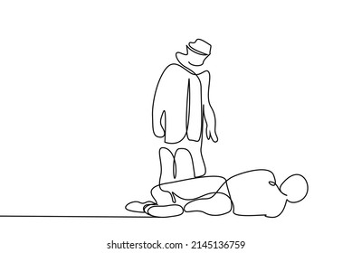 Outside in the city, a murderer is killing someone and the innocent person is lying on the ground. detective and police investigate murder case