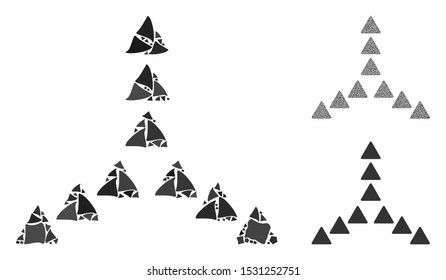 Outside direction triangles composition of ragged items in variable sizes and shades, based on outside direction triangles icon. Vector tuberous items are grouped into collage.