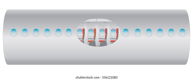 Outside and Inside of Airplane. Focus of Economic class seat Vector illustration