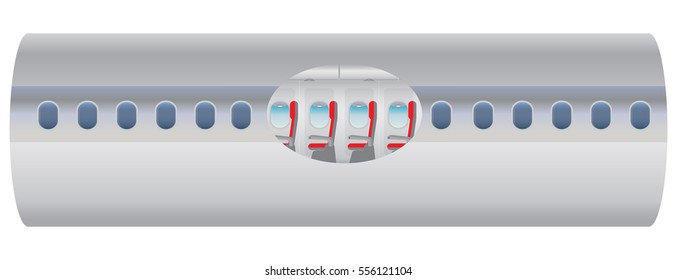Outside and Inside of Airplane. Focus of Economic class seat Vector illustration