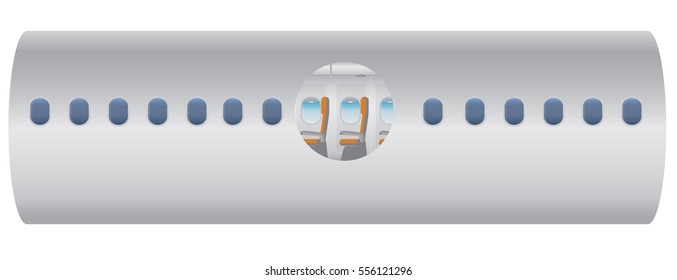 Outside and Inside of Airplane. Focus of Economic class seat Vector illustration